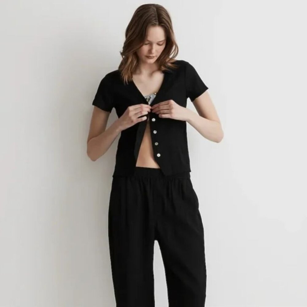 Madewell Notched V-Neck Button-Up‎ Top Black S